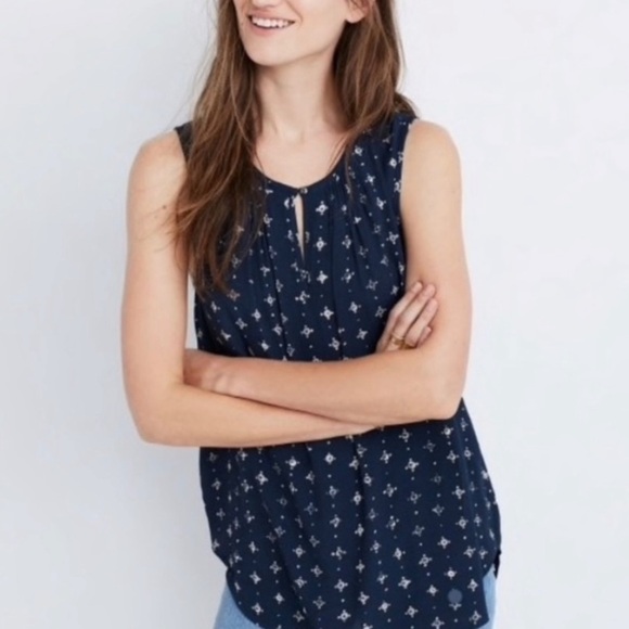 Madewell Memory Tank in Medallion Dot Blue Keyhole Neck Sleeveless Sz M - Picture 1 of 9